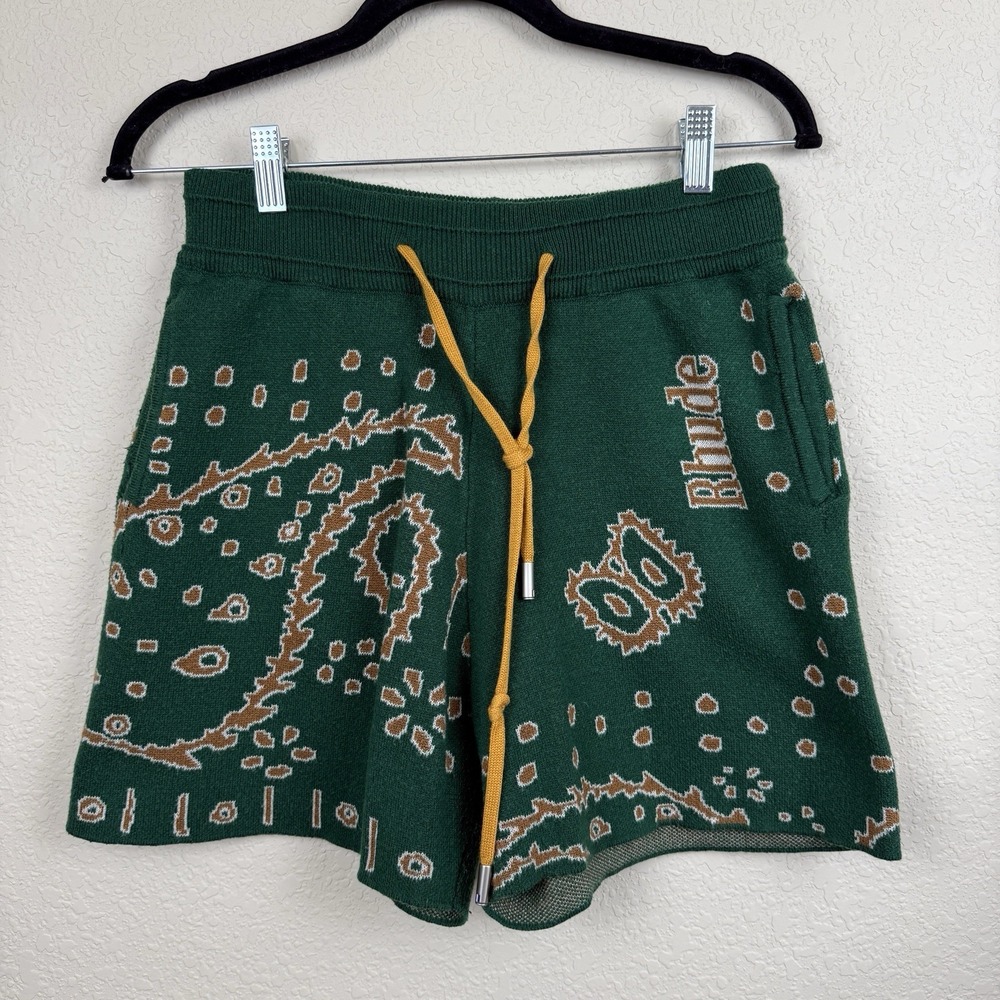 RHUDE Men's 100% Cotton Knit Shorts Drawstring Elastic Waist Logo Luxury Sz L